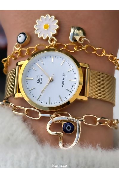 Q&Q Brand Yellow Color Mesh Steel Band Women Wristwatch Hearted Bracelet