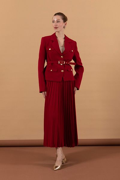 Stilife Red Pleated Skirt and Jacket Set