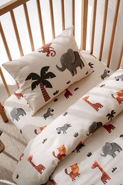 Lollie Baby&Kids طقم سرير أطفال وسرير أطفال بارك بنمط حيوانات سفاري (60 × 120 سم)، غطاء لحاف وملاءة - قطن ساتان