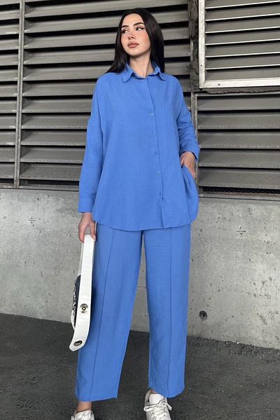 Ded COLLECTION Women's Long Sleeve Shirt Wide Leg Pants Linen Casual Suit