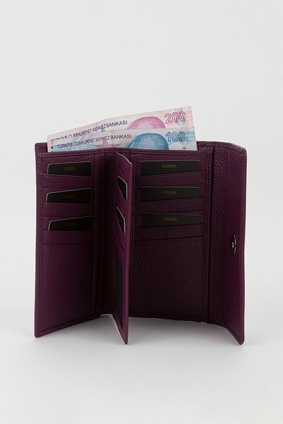 Fossil Boxed Genuine Leather Plum Medium Size Multi-Eye Women's Hand Portfolio Card Holder Wallet