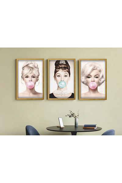 Hayat Poster Σετ τραπεζιού mdf με πλαίσιο 3 τεμαχίων myrlin monroe audrey hepburn νοσταλγικό κινηματογράφο
