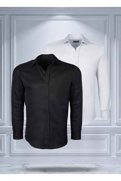 Todth 2 Pack Easy-Iron Four Seasons Modern Fit Soft Texture Black and White Plain Shirts