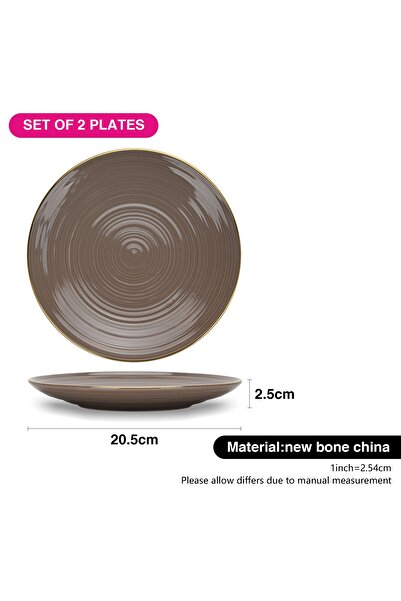 Fissman 2-Piece Dinner Plate 21cm, Porcelain Plate Firmina Golden Rim Lead-Free & Food-Safe, Brown