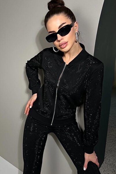 RICH GLAM Μαύρη κρυστάλλινη πέτρα Βαμβακερή μακρυμάνικη φερμουάρ Γυναικεία ΣΕΤ