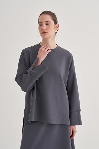 EBU Prive Γυναικεία πλεκτή μπλούζα από ατσάλι με λεπτομέρεια καπνιστού μανίκι