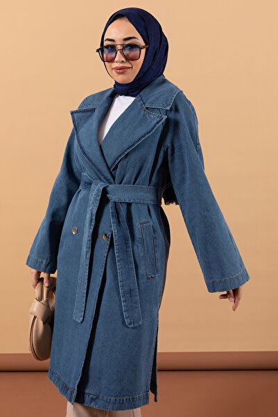 Stilife Geniş Yaka Denim Kap Mavi