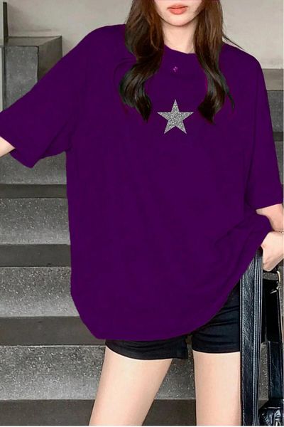 NO 601 Γυναικείο μωβ Oversize Ασημί Glitter Star με στάμπα Trend Loose Fit Tshirt