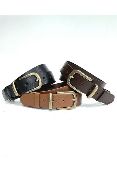 Kemerix 100% Genuine Leather Antique Finish Buckle 3.2 cm Black-Tan-Bitter Brown 3-Piece Belt Set