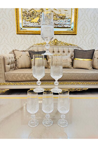 EVRA Bohemia 6 Adet Hisar Model Kesme Altın Yaldızlı Kahve Yanı Su Bardağı