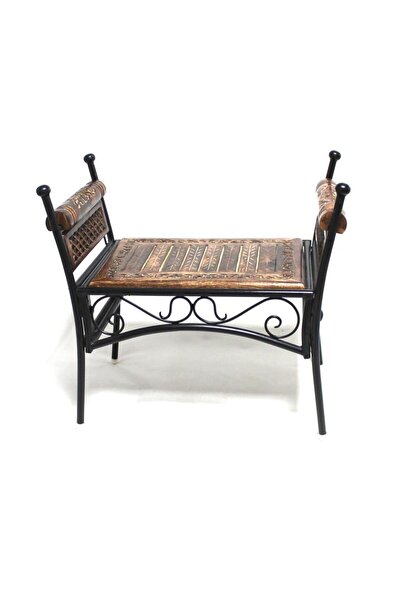 Otantik Çarşı Eskitme Ahşap Ferforje Puf Tabure 63x38x62 cm. KNA248