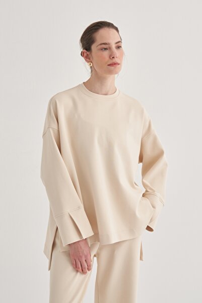 EBU Prive Γυναικεία μπλούζα με μπεζ μανίκια, λεπτομερής επεξήγηση, ατσάλινη