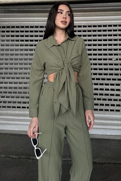 Ded COLLECTION Women's Long Sleeve Shirt Wide Leg Pants Linen Casual Suit