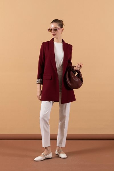 Stilife Burgundy Shawl Collar Blazer Jacket