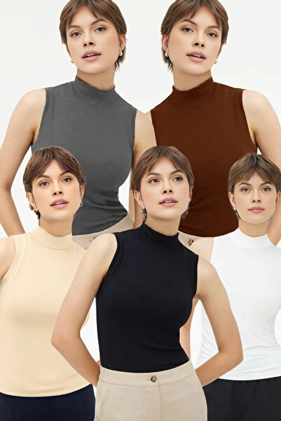 dgs dagıstanlı Kadın Siyah Kahve Bej Antrasit Beyaz 5'li Kolsuz Body Bluz