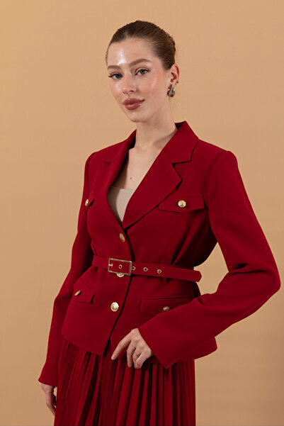 Stilife Red Pleated Skirt and Jacket Set