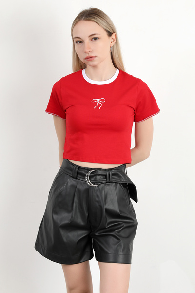 GİYSA Tricou de damă cu decolteu cu fundă brodat roșu - 925052