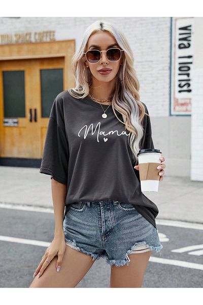 MODARİCH Μπλουζάκι Smoked Color Oversize με στάμπα Mama Heart - Crew Neck, κοντό μανίκι