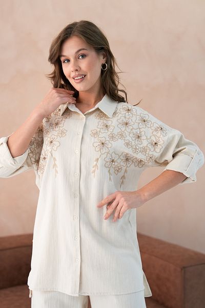 MVStore Women's Sequin Embroidery Stone Embroidered Flam Linen Shirt and Pants Set