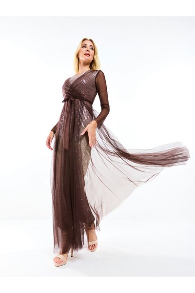 House of Moda By Styli Sequin Embellished Tulle Layered Maxi Dress