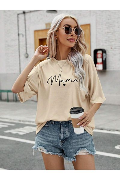 MODARİCH Tricou Bej Oversize Mama Heart - Decolteu, Maneca Scurta Imprimata