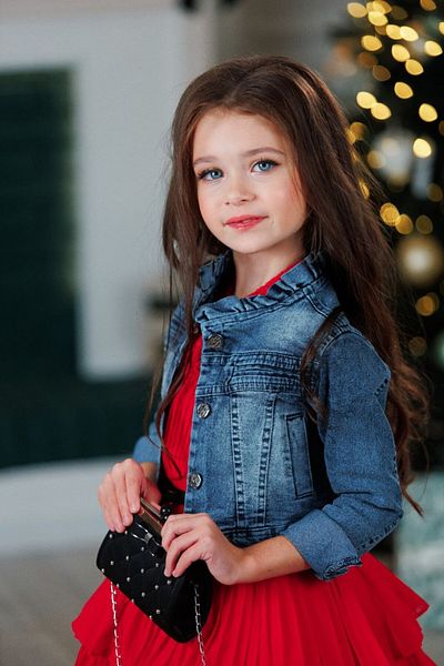 Ribbon kids Female Child Custom Design Katkat Chiffon Dress&Embroidery Rendering Denim Coat&Bag&Belt Combo
