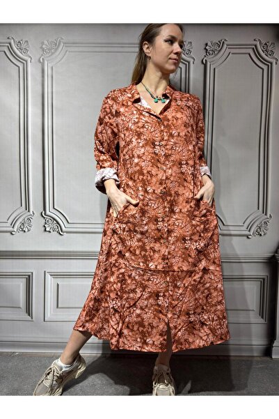 AGORATEKSTİL فستان قميص نسائي من قماش الفيسكوز بأكمام طويلة