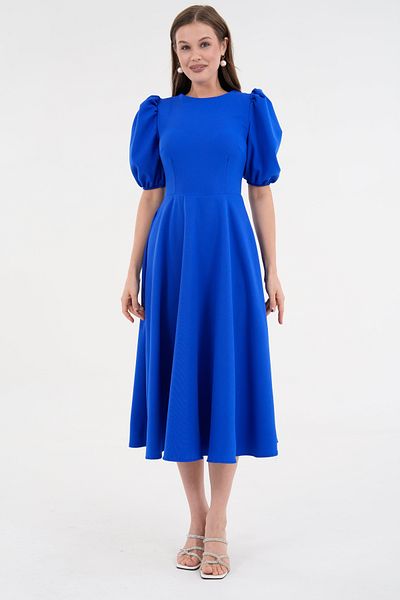 bayansepeti Rochie midi Saks Blue Atlas - Decolteu și mânecă prințesă 220