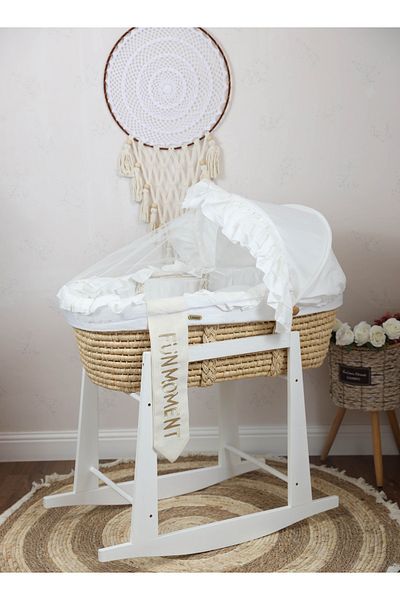 Fun Moment Moses Basket Bed With Wooden Rocking Stand White Color