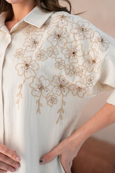 MVStore Women's Sequin Embroidery Stone Embroidered Flam Linen Shirt and Pants Set