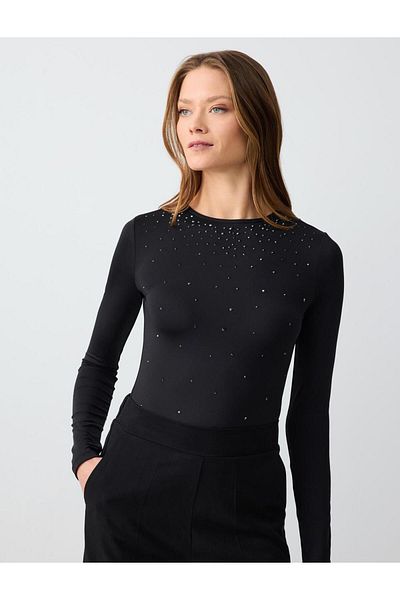 Jimmy Key Black Stone Embroidered Slim Fit Crew Neck Knitted Blouse