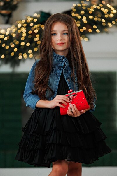 Ribbon kids lány gyerek különleges tervezésű hajtogatott sifon ruha és hímzés farmer dzseki és táska és öv kombináció