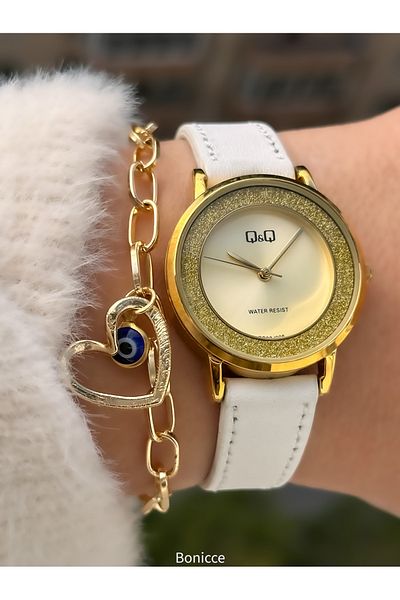 Q&Q Brand White Leather Band, Women's Wrist Watch Bracelet with Heart