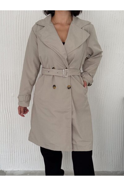 MODA Long Midi Length Belt Detailed Button Closure Seasonal Trench Coat