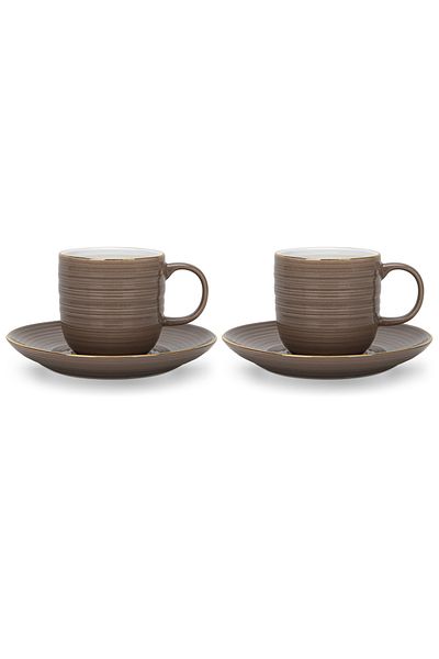 Fissman Porcelain Tea Cups with Saucer 180mL Set of 2, Firmina New Bone China Golden Rims Brown
