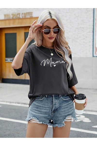 MODARİCH Μπλουζάκι Smoked Color Oversize με στάμπα Mama Heart - Crew Neck, κοντό μανίκι