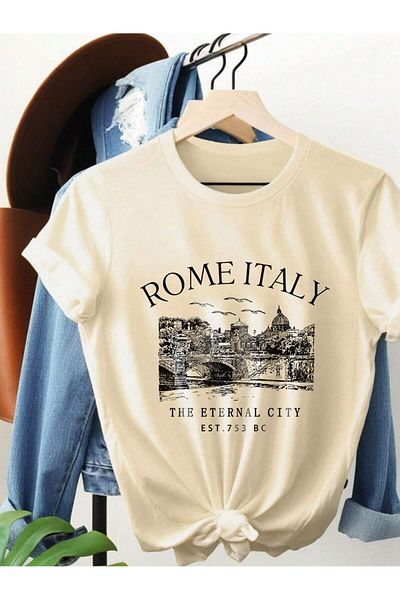 MODARİCH Roma Italiană Orașul Etern - Tricou cu mânecă scurtă cu imprimeu oversize bej
