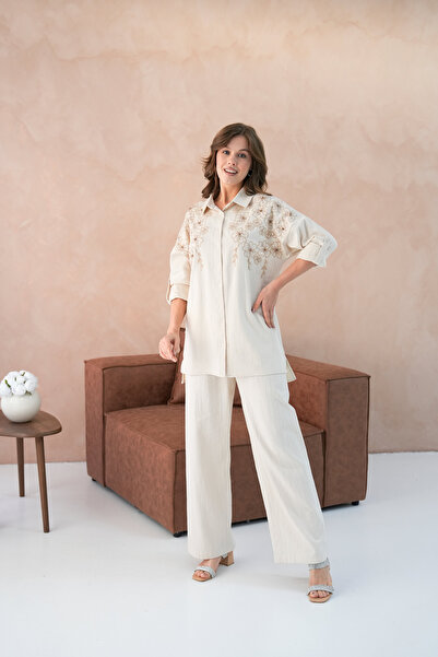 MVStore Women's Sequin Embroidery Stone Embroidered Flam Linen Shirt and Pants Set
