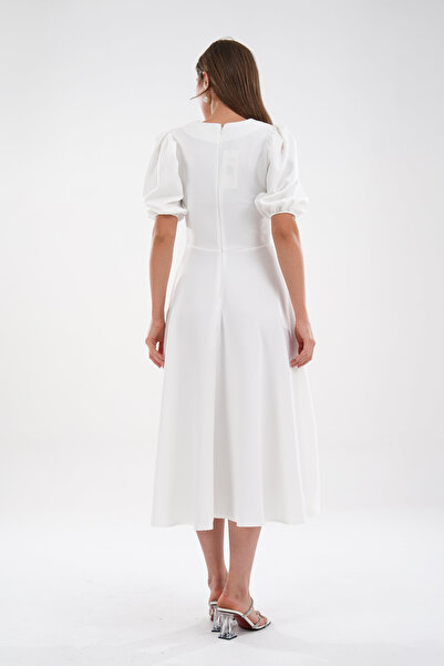 bayansepeti White Atlas Fabric Crew Neck Princess Sleeve Detail Midi Dress 220