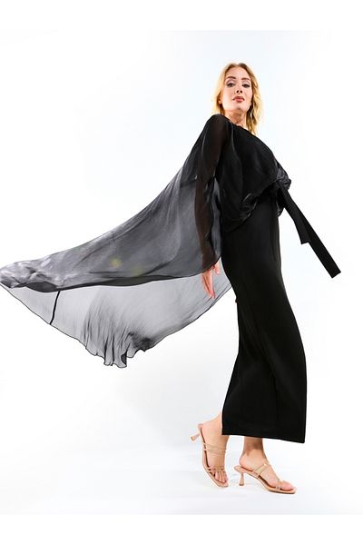 House of Moda By Styli Longline Drape Cape Sleeves Sheath Maxi Dress