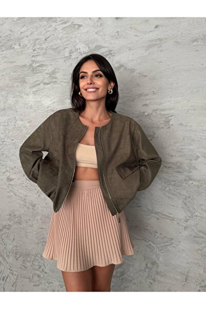 THIFF GYMWEAR Önü Fermuarlı Süet Kısa Kadın Ceket Mont