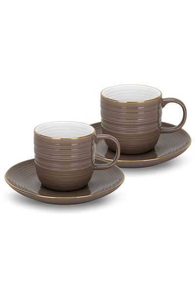 Fissman Porcelain Tea Cups with Saucer 180mL Set of 2, Firmina New Bone China Golden Rims Brown