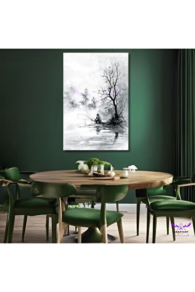 abartart Tekli Dikey Kanvas Şık Salon Ve Ofis Tablosu Kara Kalem  Göl Kenarın...