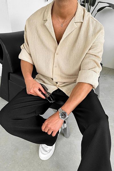 HAFKAGİYİM Πουκάμισο Basic Oversize Cream Corded