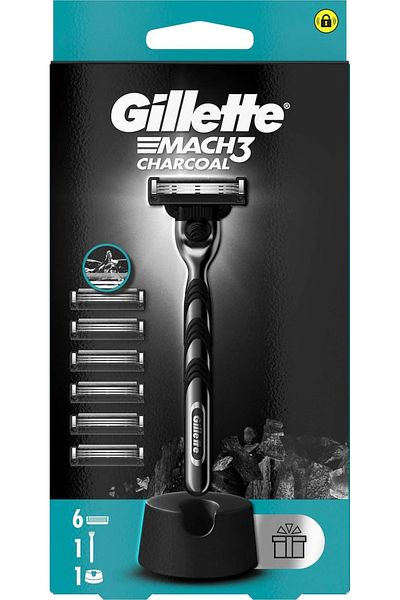 Gillette Mach 3 Charcoal Shaver + 6 up Replacement Razor Blades + Premium Stand