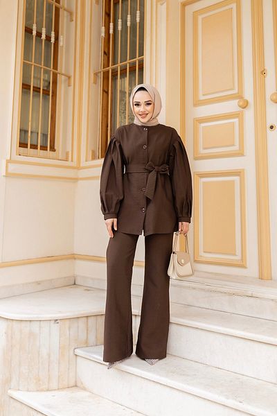 LOCCO Brown Double Set - Pleat Detailed and Belted