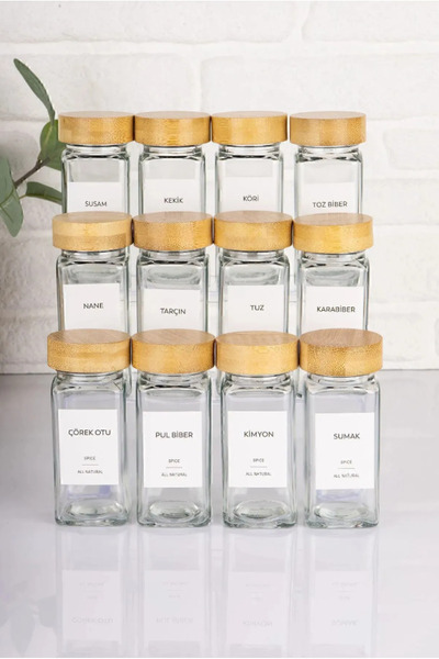 Hilamingo Home 12'li Bambu Kapaklı Baharatlık,Tuzluk,Biberlik Kavanoz Seti(Et...