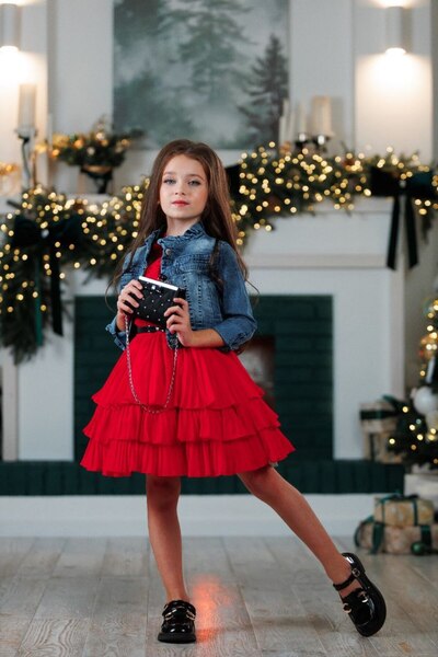 Ribbon kids kız çocuk özel tasarım katkat şifon  elbise&nakış işleme kot ceket&çanta&kemer kombin