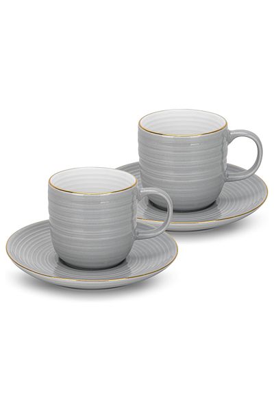 Fissman Porcelain Tea Cups with Saucer 180mL Set of 2, Firmina New Bone China Golden Rims Gray