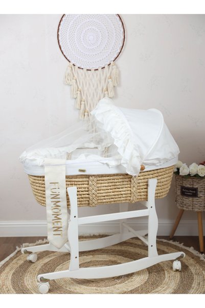 Fun Moment  Moses Basket Cradle White Color with White Holder on Wheels